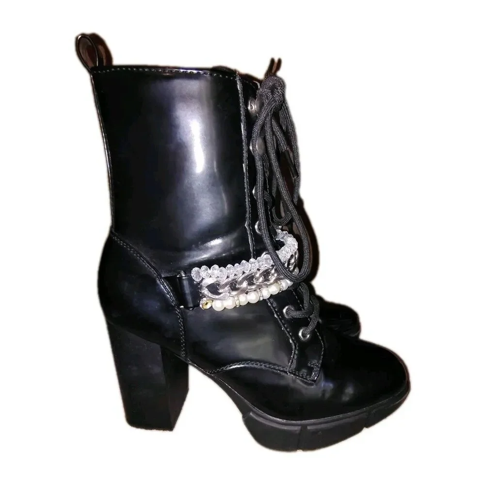 ​Forever 21 Black Patent Combat Boots Pearl Chain Block Heel Sz 8.5M Steampunk